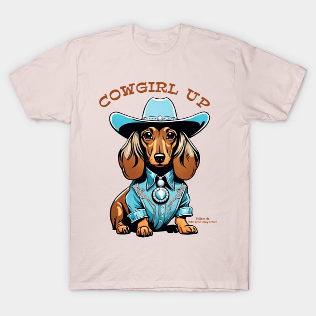 COWGIRL UP (Brown and cream dachshund with blue hat) T-Shirt by Long-N-Short-Shop